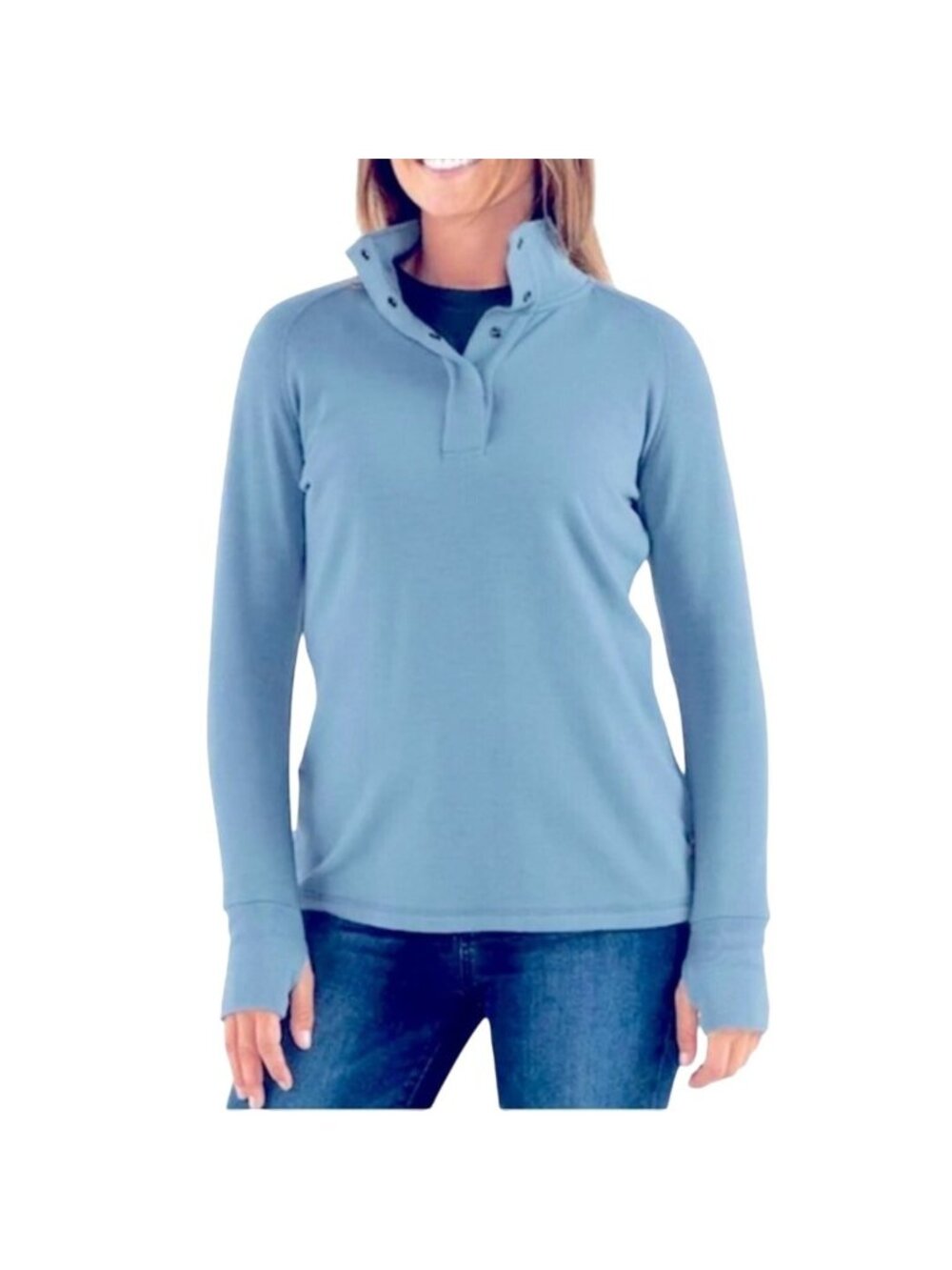 Free Fly Blue Bamboo Thermal Fleece PulloverSnap Collar Top Womens Medium - Picture 1 of 5